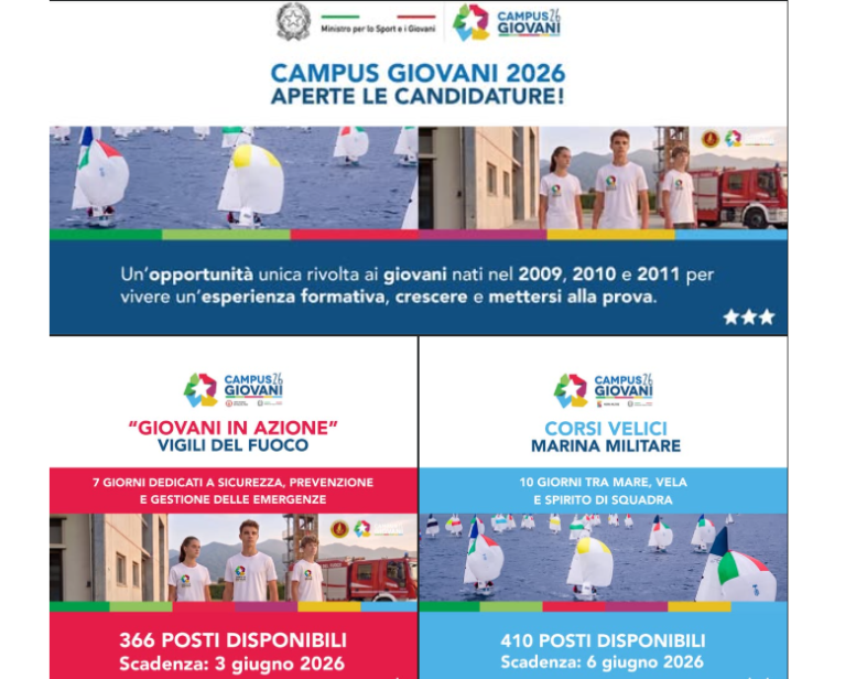 Campus Giovani 2026: pubblicato il Bando della Marina Militare e del Corpo Nazionale dei Vigili del Fuoco